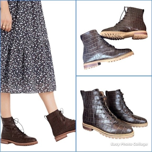 Madewell The Clair Lace-Up Boot in Croc Embossed Leather Combat Boot size 8.5 - Picture 1 of 9